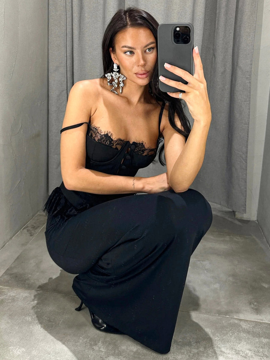 Vest Black Cami Top Straps Neck Lace Casual Backless Women Summer Camis