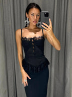 Vest Black Cami Top Straps Neck Lace Casual Backless Women Summer Camis