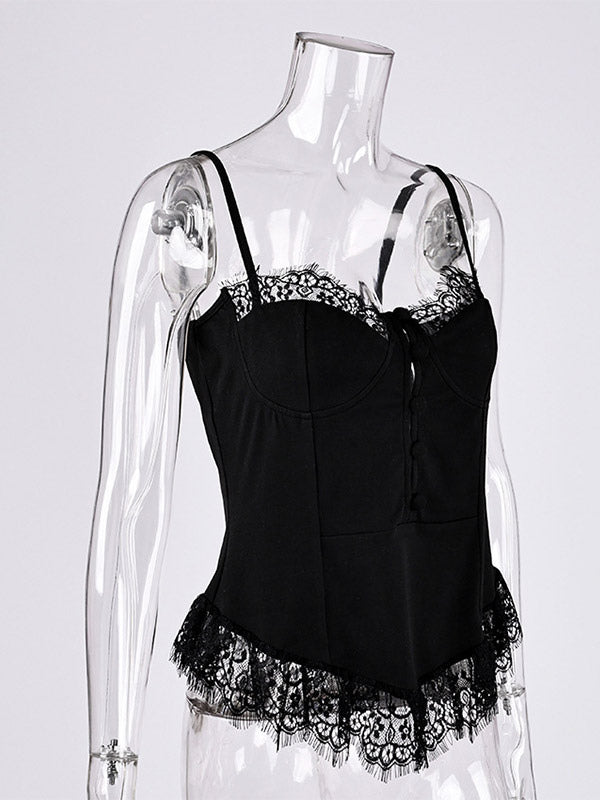 Vest Black Cami Top Straps Neck Lace Casual Backless Women Summer Camis