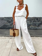 Jumpsuits Olive V-Neck Sleeveless Spaghetti Straps Polyester Straight Summer One Piece Outfit