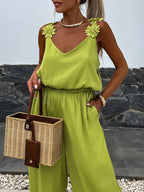 Jumpsuits Olive V-Neck Sleeveless Spaghetti Straps Polyester Straight Summer One Piece Outfit