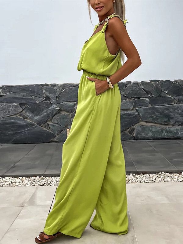 Jumpsuits Olive V-Neck Sleeveless Spaghetti Straps Polyester Straight Summer One Piece Outfit