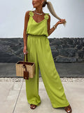 Jumpsuits Olive V-Neck Sleeveless Spaghetti Straps Polyester Straight Summer One Piece Outfit