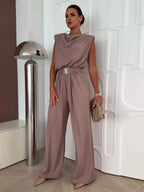 Jumpsuits Khaki Cowl Neck Belted Straight Summer One Piece Outfit