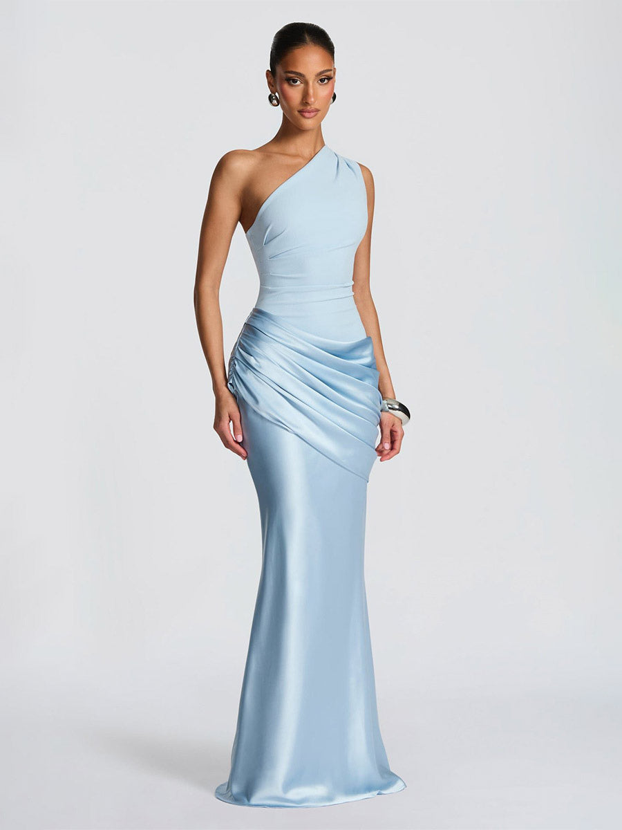 Evening Elegance Asymmetric Satin Maxi Dress In Deep Burgundy Flattering For Every Figure