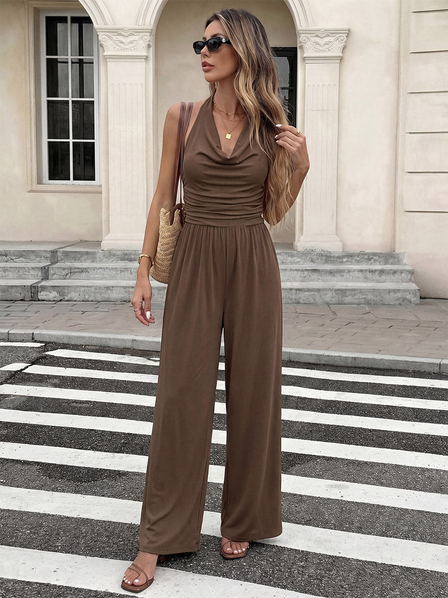 Jumpsuits Brown Sleeveless Backless Halter Straight Summer One Piece Outfit