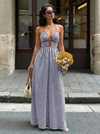 Deep V Halter Striped Maxi Dress Boho Glamour For Street Beach