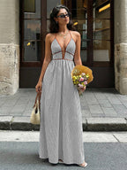 Deep V Halter Striped Maxi Dress Boho Glamour For Street Beach