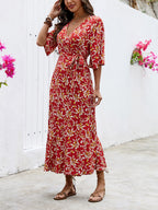 Bohemian Summer Vibes Red Floral Wrap Maxi Dress Lightweight Flirty Great For Beach City Strolls