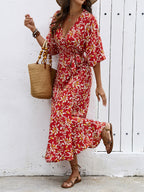 Bohemian Summer Vibes Red Floral Wrap Maxi Dress Lightweight Flirty Great For Beach City Strolls