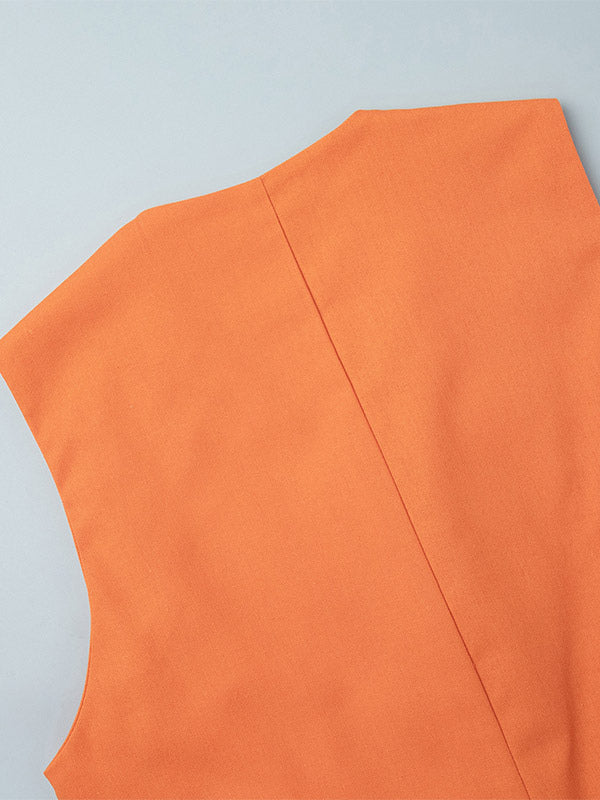 Two Piece Sets Skirt Set Orange Retro Buttons Resort Wear Linen V-Neck Sleeveless Sets