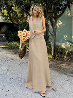 Two Piece Sets Skirt Set Orange Retro Buttons Resort Wear Linen V-Neck Sleeveless Sets