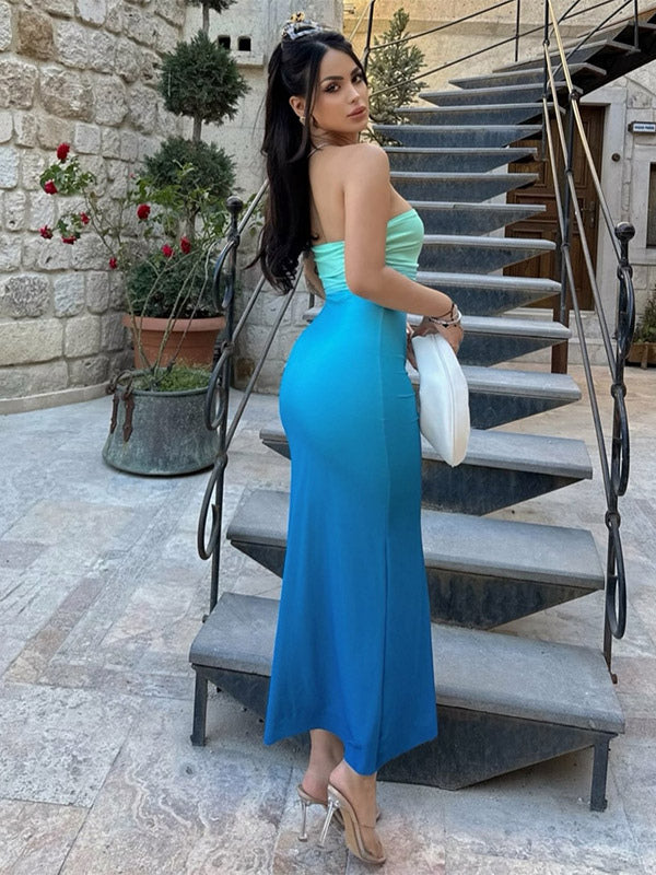 Party Ready Purple Ombre Strapless Maxi Dress Slimming Stylish For Clubbing