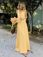 Two Piece Sets Skirt Set Orange Retro Buttons Resort Wear Linen V-Neck Sleeveless Sets