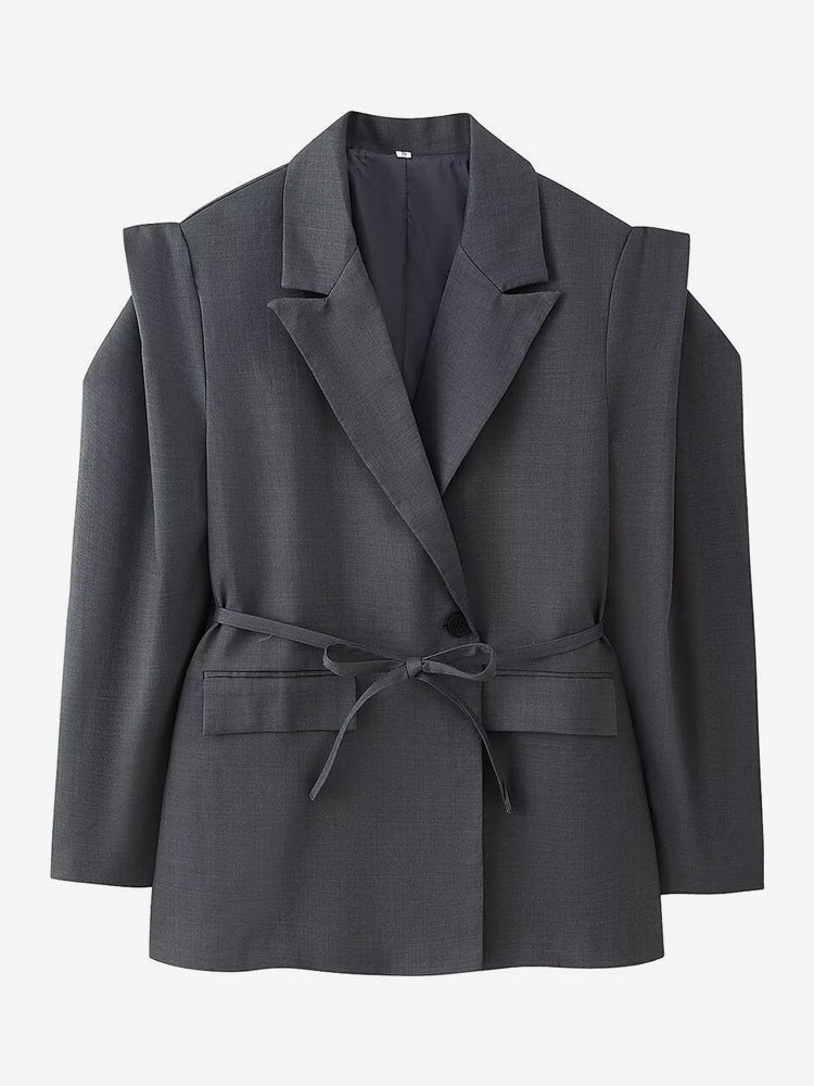 Women's Blazer Pleated Turndown Collar Buttons Long Sleeves Suit Jacket