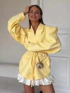 Women's Blazer Pleated Turndown Collar Buttons Long Sleeves Suit Jacket