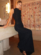 Party Dress Maxi Black Halter Belted Chic Semi Formal Dress