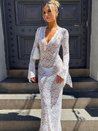 Party Dress Maxi White V-Neck Lace Long Sleeves Sheer Sexy Semi Formal Dress