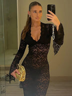 Party Dress Maxi White V-Neck Lace Long Sleeves Sheer Sexy Semi Formal Dress