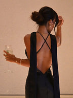 Party Dress Maxi Black Straps Neck Ribbons Shaping Chic Semi Formal Dress