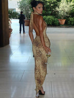 Party Dress Maxi Leopard Halter Pleated Leopard Print Asymmetrical Chic Semi Formal Dress