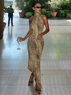 Party Dress Maxi Leopard Halter Pleated Leopard Print Asymmetrical Chic Semi Formal Dress