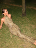 Party Dress Maxi Leopard Halter Pleated Leopard Print Asymmetrical Chic Semi Formal Dress