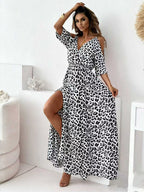 Maxi Dresses V-Neck Short Sleeves Animal Print Asymmetrical Floor Length Dress