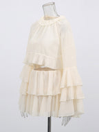 Two Piece Sets Apricot Casual Party Jewel Neck Long Sleeves Top Skirt Set