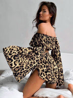 Two Piece Sets Leopard Leopard Print Daily Casual Strapless Long Sleeves Top Pant Set