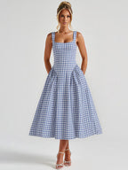 Party Dress Dresses Midi Pink Straps Neck Pleated Plaid Classic Semi Formal Summer Dress