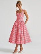Party Dress Dresses Midi Pink Straps Neck Pleated Plaid Classic Semi Formal Summer Dress