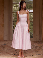 Party Dress Dresses Midi Pink Straps Neck Pleated Plaid Classic Semi Formal Summer Dress