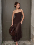 Party Dress Dresses Maxi Coffee Brown Strapless Pleated Sexy Semi Formal Summer Dress