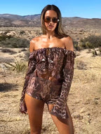 Two Piece Sets Leopard Casual Leopard Print Daily Strapless Long Sleeves Pant Set