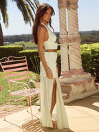 Two Piece Sets Yellow Street Wear Cut Out Casual Halter Sleeveless Skirt Set