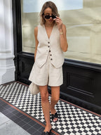 Two Piece Sets Khaki Casual Daily Casual V-Neck Sleeveless Pant Set