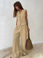 Two Piece Sets Khaki Street Wear V-Neck Sleeveless Top Pant Set