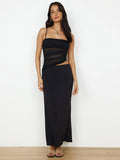 Two Piece Sets Black Street Wear Casual Straps Neck Pleated Sleeveless Top Skirt Set
