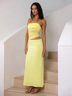 Two Piece Sets Black Street Wear Casual Straps Neck Pleated Sleeveless Top Skirt Set