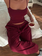 Two Piece Sets Burgundy Daily Casual Straps Neck Sleeveless Casual Pant Set
