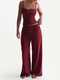 Two Piece Sets Burgundy Daily Casual Straps Neck Sleeveless Casual Pant Set