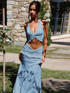 Two Piece Sets Red Chic Street Wear Halter Backless Pleated Sleeveless Skirt Set