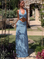 Two Piece Sets Red Chic Street Wear Halter Backless Pleated Sleeveless Skirt Set