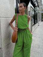 Two Piece Sets Khaki Street Wear Cotton Jewel Neck Sleeveless Chic Pant Set