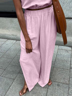 Two Piece Sets Khaki Street Wear Cotton Jewel Neck Sleeveless Chic Pant Set