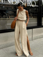 Two Piece Sets Khaki Street Wear Cotton Jewel Neck Sleeveless Chic Pant Set