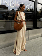 Two Piece Sets Khaki Street Wear Cotton Jewel Neck Sleeveless Chic Pant Set