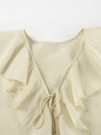 Two Piece Sets White Daily Casual Ruffles V-Neck Long Sleeves Pant Set