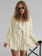Two Piece Sets White Daily Casual Ruffles V-Neck Long Sleeves Pant Set